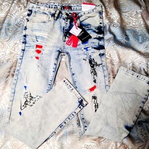 Blue Skinny Distressed Jeans with Paint Splatters